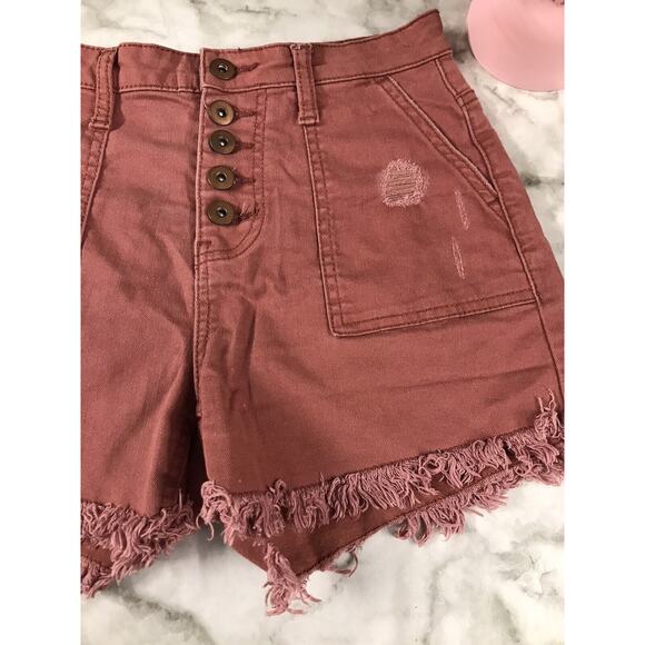 VINTAGE NOBO High Rise Button Distressed Denim Jean Shorts Orange Frayed SZ 5 - Picture 3 of 7